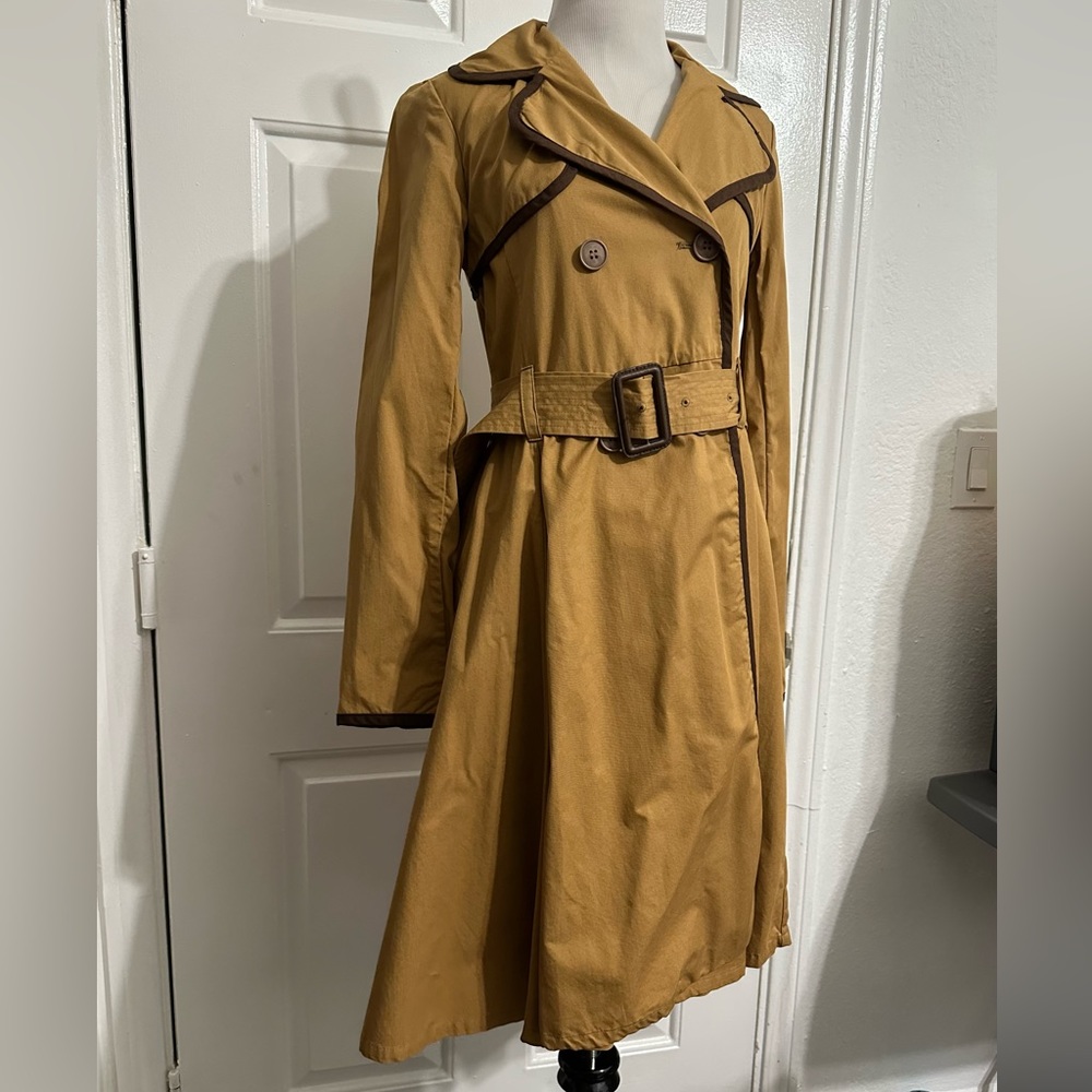 Anthropologie Mustard Trench Coat with Dark Brown Trim